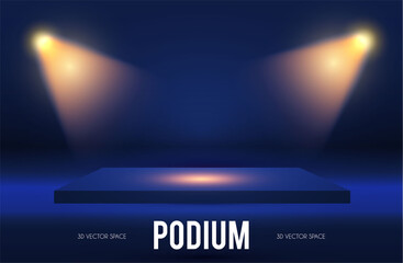 Podium. Scene, pedestal and 3D platform with spotlights. Advertising, award and win design. Show and sale background. Realistic presentation mockup. Blue and gold.