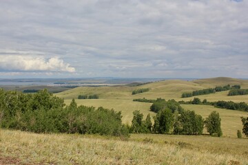 Obraz premium Stunning mountain landscape with lakes forests fields somewhere in Russia South Urals Tranquillity