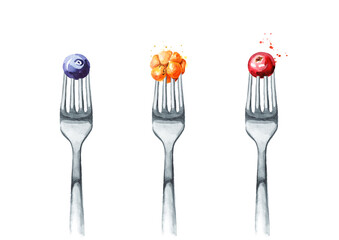 Forest berries set. Blueberries, cranberries, cloudberries on a fork. Concept of diet and healthy eating. Hand drawn watercolor illustration isolated on white background