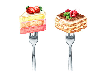 Sweet dessert, cookies and cake on a fork. Concept of diet and healthy eating. Hand drawn watercolor illustration isolated on white background