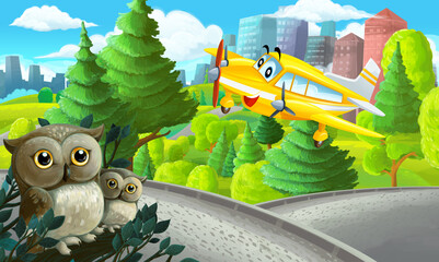 cartoon scene in park near city with plane flying and owls illustration
