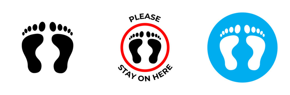 floor sticker sign with foot print for practicing social distancing, foot shape on floor. Signage for customer information. icon set