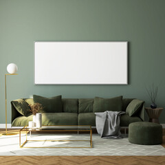 mock up poster frame in modern interior background, living room, 3D render, 3D illustration