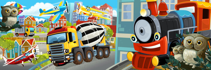 cartoon scene of the middle of a city with cars train and plane