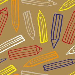 Multicolored bright sketch pencils isolated on a paper background. Cute seamless pattern. Vector flat graphic hand drawn illustration. Texture.