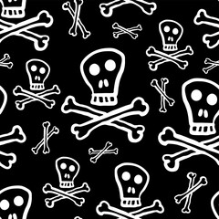 White skulls and bones isolated on black background. Cute monochrome seamless pattern. Vector flat graphic hand drawn illustration. Texture.