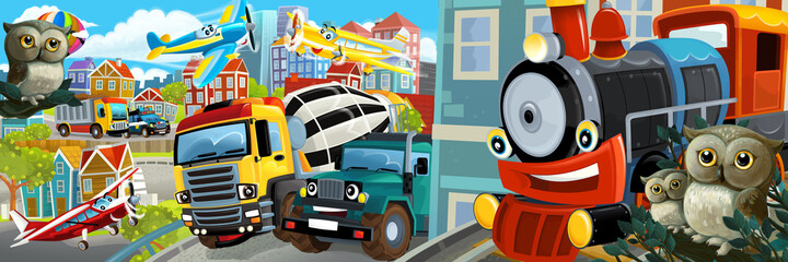 cartoon scene of the middle of a city with cars train and plane
