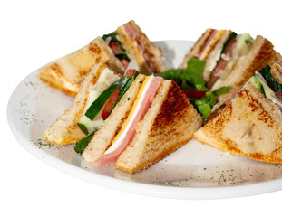 Sandwiches cut in triangles on a white background