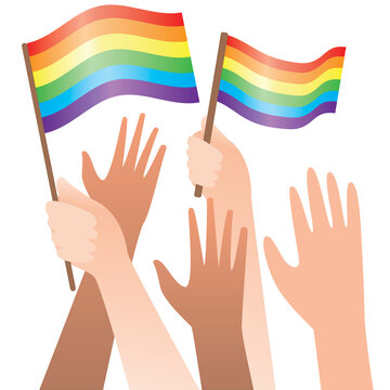 Hands with LGBTQ flags isolated on white background as homosexual protest concept, flat vector stock illustration with people hands as pride lgbtq