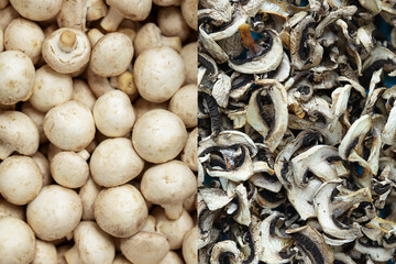 dehydrated dried mushroom slices and fresh mushrooms on a blue background. Vegan and vegetarian food.