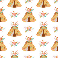 Seamless indian summer floral arrows and teepee illustration Kids aztec background Boho chic vector © Tani Kuzminka