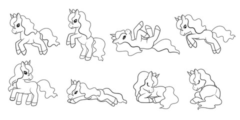 Collection of Cute Cartoon Unicorns isolated on white background. Vector illustration for coloring books