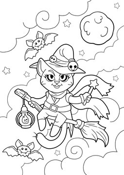 cute cartoon cat witch, coloring book, funny illustration