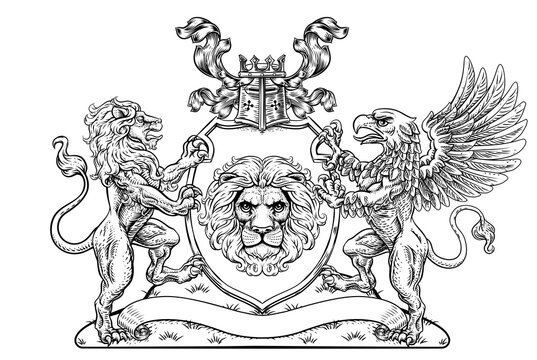 A crest coat of arms family shield seal featuring griffin and lions
