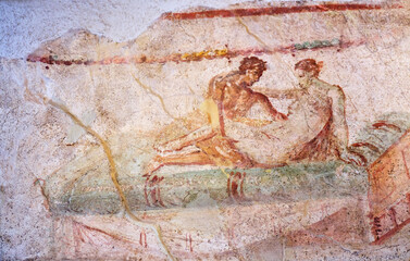 sex scene in ancient fresco in Pompeii in the Casa delle Lupanare. Pompeii was destroyed by the volcanic eruption of Vesuvius in 79 BC - 370224702