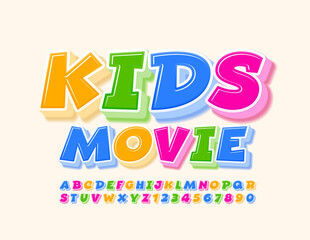 Vector creative logo Kids Movie. Cartoon bright Font. Comic 3D colorful Alphabet Letters and Numbers