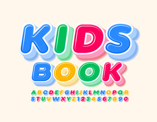 Vector colorful sign Kids Book. 3D Bright Font. Creative Alphabet Letters and Numbers for Children