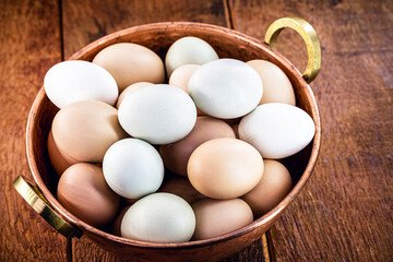 colored Brazilian free-range egg, from chickens fed diets exclusively of vegetable origin, organic food without chemical additives