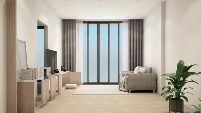modern living room in condominium with modern contemporary style interior and wooder floor with furniture built in 3d rendering