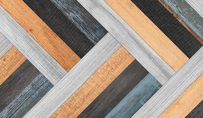 Old multicolored parquet floor with geometric pattern. Wood texture background. Weathered wooden boards. - 370225724