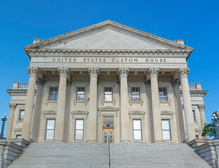 U.S. Custom House in Charleston, SC. Classical revival style architecture, construction began in 1852, completed in 1879 due to interruption by Civil War.