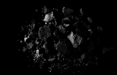 Pile black coal isolated on black background and texture, clipping path and top view