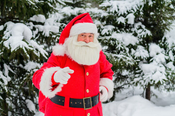 Santa claus greets in the snowy coniferous forest in December. Christmas time. An elderly gray-haired man in a Santa Claus costume posing outdoors.