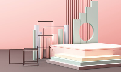 3d rendered illustration with geometric shapes. Pastel colors platforms for product presentation. Abstract composition in modern style. Minimalist design with empty space.