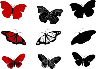 Stickers of Isolated flying various insects, butterflies in various shapes with shadows for decoration, print, elements of design