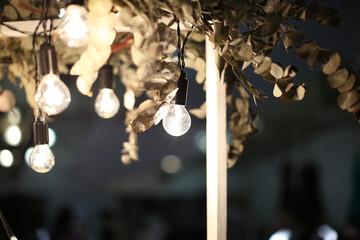 Light bulbs hanging on the ceiling among branches with dry leaves on a dark background