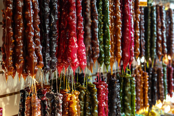 Churchkhela in bundles hangs consecrated by the sun