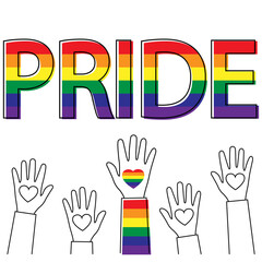 Rainbow colored hand with a heart. Gay Pride. LGBT concept. Pride month of homosexual people. Realistic style colorful illustration. Sticker, patch, T-shirt print, logo design. Vector