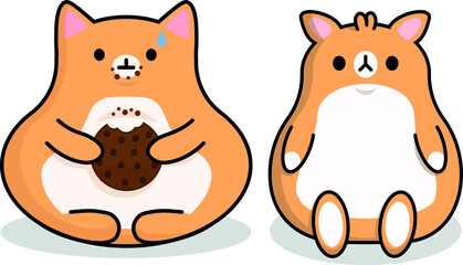simple vector eps sticker illustration of a kawaii cute adorable fat cat and hamster with cookie and crumbs on white background