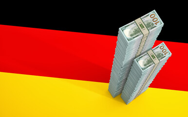 Stacks of 100 Dollar banknotes on German national flag. Copy Space on the left side. 3D Rendering