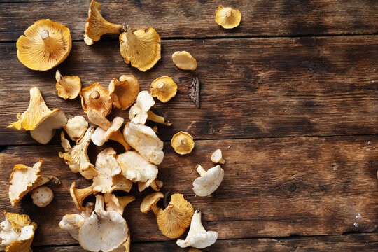 Chanterelle mushrooms scattered on a wooden table
