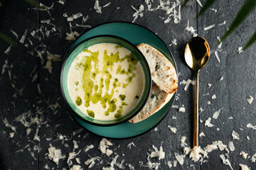 cheese and chicken soup, on balck stone table, copy space top view