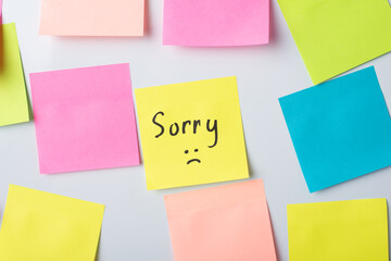 Sticky note with inscription SORRY between other colorful notes on a whiteboard