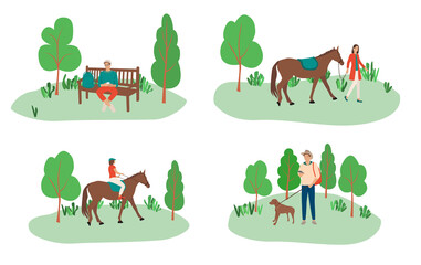 Obraz na płótnie Canvas Set of people are in the Park, walking with a dog, riding a horse, sitting on a bench with a smartphone. Woman, man, students in the Park. Flat cartoon colorful vector illustration