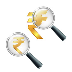 Golden Indian Rupee currency sign with magnifying glass.