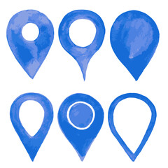 Vector watercolor style illustration of blue ink color location pin set for maps - 370234364