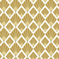 Ar deco vector seamless rhombic fans pattern in gold and white colors. Dainty geometric retro pattern