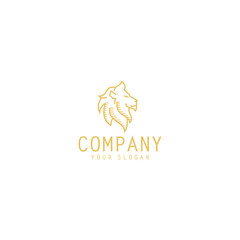 Golden round lion head logo template design in outline style. Vector illustration.