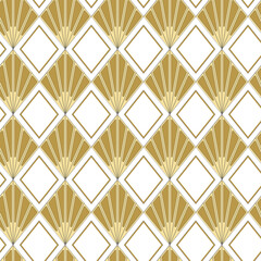 Ar deco vector seamless rhombic fans pattern in gold and white colors. Dainty geometric retro pattern