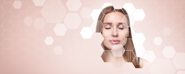Young sensual woman with mosaic honeycombs on face.