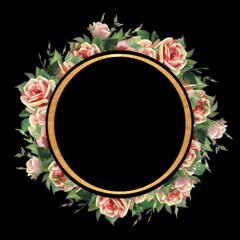 Pink roses. Round frame on black. Old painting style