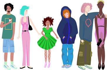  vector clipart with couples of people of different ages and skin colors interacting with each other through gestures