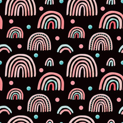 Watercolor nursery pink raindow seamless pattern. Hand painted rainbows on darck black background. Baby shower girl rainbow scrapbook paper. Kids fabric design illustration trendy pastel colors