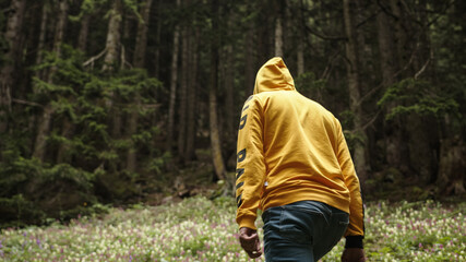 Young handsome man with yellow hooded polar walks through the forest, back shot