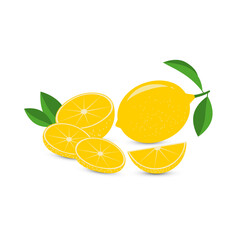 Vector lemon composition. Whole lemon, half, quarter and slices with green leaves. For various design purposes.