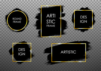 Golden frame set with black paint background. Black blots with different borders. Vector illustration.